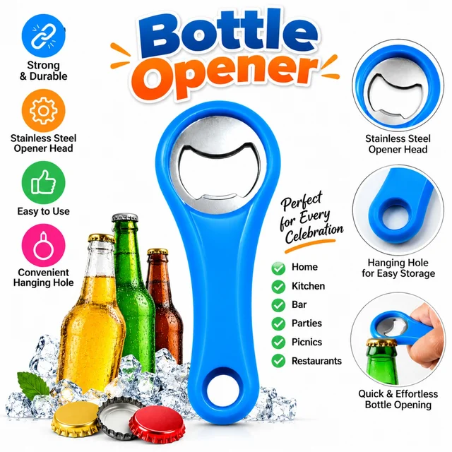 Manual Bottle Opener with Stainless Steel Opener Head & Convenient Hanging Hole – Easy-to-Use Bottle Cap Opener for Home, Kitchen, Bar, Parties & Picnics