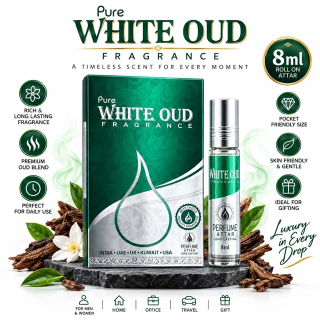 Pure White Oud Fragrance Perfume Attar Roll On 8-ml for Men & Women, Premium Oud Blend, Long Lasting Fragrance, Pocket Friendly Roll On Attar for Home, Office, Travel & Gifting