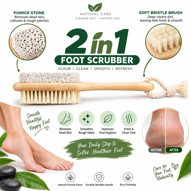 Natural Care 2-in-1 Foot Scrubber with Pumice Stone & Soft Bristle Brush | Wooden Handle Foot Exfoliator for Rough Heels, Dead Skin & Foot Hygiene