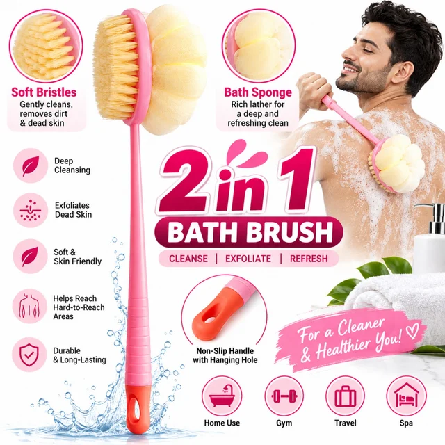 2 in 1 Bath Brush with Soft Bristles & Bath Sponge, Long Handle Body Scrubber for Deep Cleansing, Exfoliation & Hard-to-Reach Areas