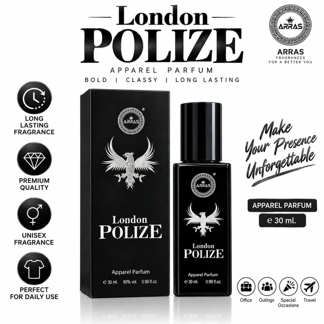 ARRAS London Polize Apparel Parfum for Men & Women, Unisex Long-Lasting Fragrance, Premium Apparel Perfume for Daily Wear, Office, Outings, Travel & Special Occasions, 30 ml