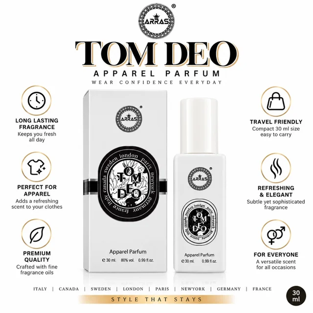 ARRAS TOM DEO Apparel Parfum 30 ml | Long-Lasting Clothing Fragrance | Refreshing & Elegant Scent | Travel-Friendly Perfume for Everyone | Premium Fragrance for Everyday Wear