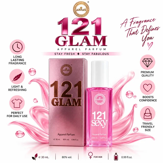 ARRAS 121 GLAM Apparel Parfum for Women, 30 ml | Long-Lasting Fragrance Mist for Clothes & Daily Wear | Light & Refreshing Feminine Fragrance | Premium Quality, Travel-Friendly Size