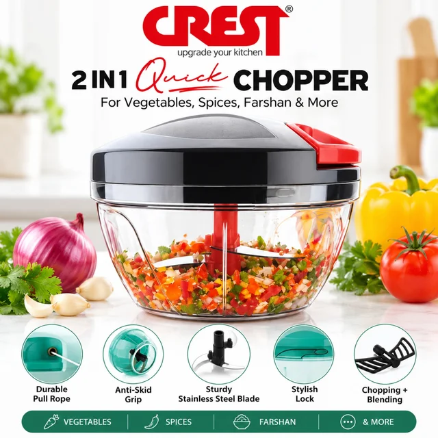 CREST 2 in 1 Quick Chopper with Durable Pull Rope, Stainless Steel Blades, Anti-Skid Grip & Chopping + Blending Function for Vegetables, Spices, Farshan & More