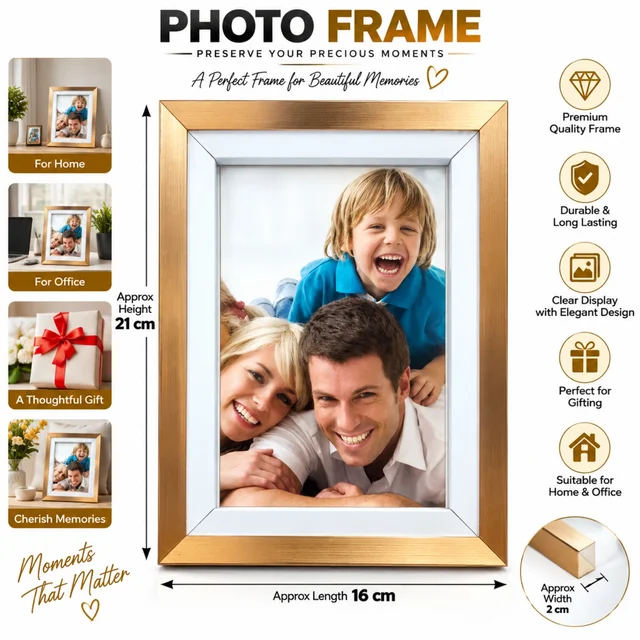 Premium Photo Frame for Home & Office | Elegant Decorative Picture Frame | Stylish Memory Frame for Family Photos, Tabletop & Gifting | Approx. 21 × 16 × 2 cm