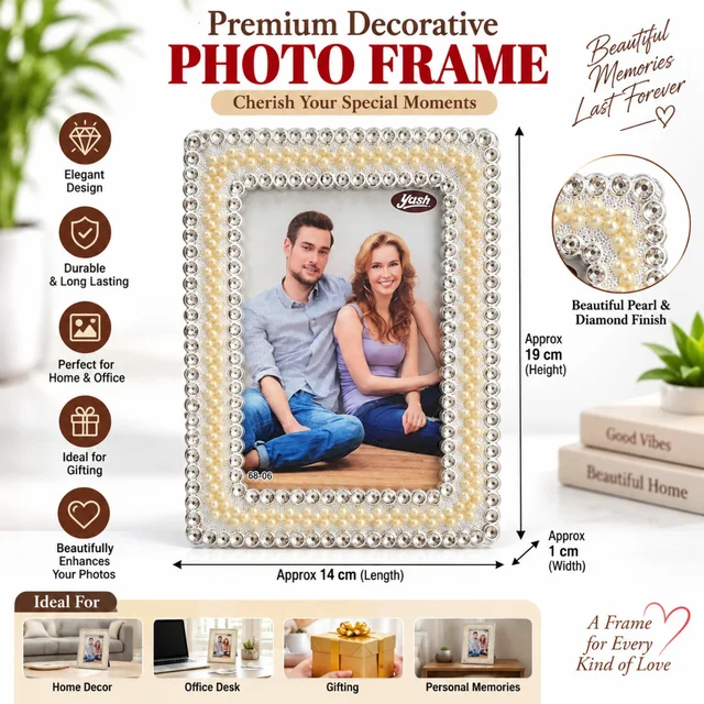 Premium Decorative Photo Frame with Pearl & Diamond Finish | Elegant Tabletop Picture Frame for Home, Office, Bedroom & Gifting | Approx. 19 × 14 × 1 cm