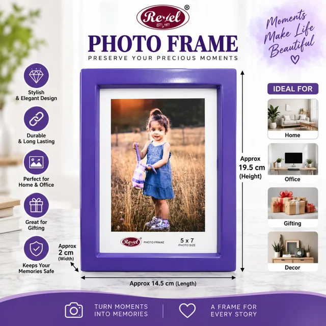 Revel Premium Photo Frame for 5 x 7 Inch Photos | Stylish & Elegant Decorative Picture Frame for Home, Office, Tabletop & Gifting | Approx. 19.5 x 14.5 x 2 cm