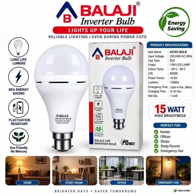 BALAJI 15W AC/DC Inverter LED Bulb, B22 Base, 6500K Cool White, 1500 Lumens, Emergency Backup Up to 4 Hours, Energy Saving & Fluctuation Resistant, 220–240V