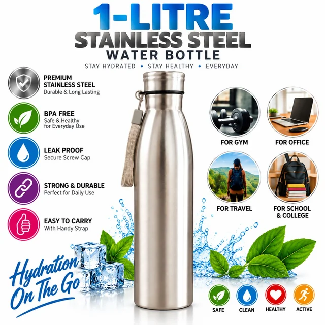 1 Litre Stainless Steel Water Bottle with Secure Screw Cap & Handy Carry Strap, Durable Reusable Drinking Bottle for Gym, Office, School, College, Travel & Daily Use