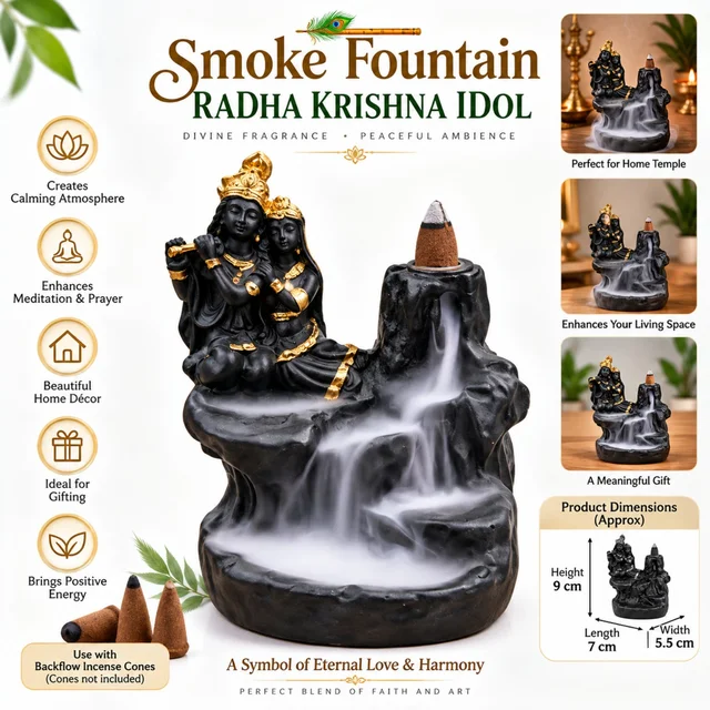Smoke Fountain Radha Krishna Idol for Home Temple & Décor | Backflow Incense Cone Holder | Peaceful Waterfall-Style Smoke Effect | Decorative Spiritual Gift