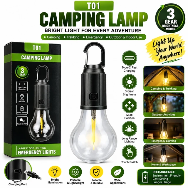 T01 Rechargeable Camping Lamp with Type-C Fast Charging, 3 Gear Brightness Modes, Touch Switch & Hanging Carabiner, Portable LED Emergency Light for Camping, Trekking, Outdoor & Indoor Use