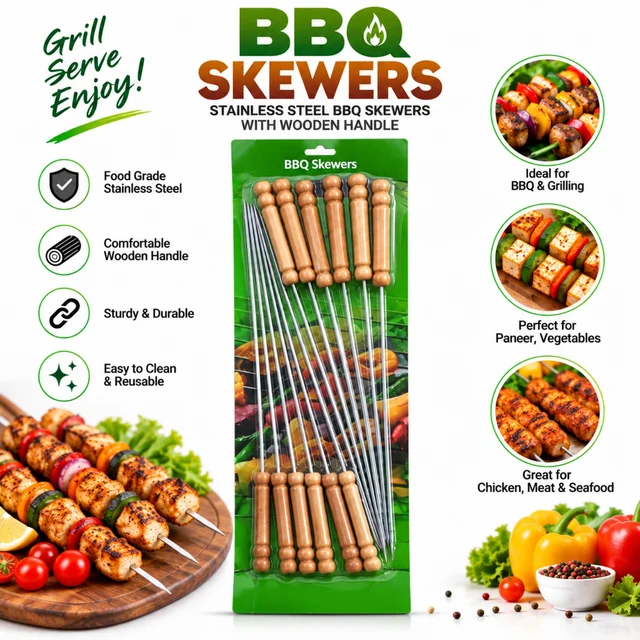 Stainless Steel BBQ Skewers with Comfortable Wooden Handle | Reusable Grill Skewers for Chicken, Meat, Seafood, Paneer & Vegetables | Durable Barbecue Kebab Skewers