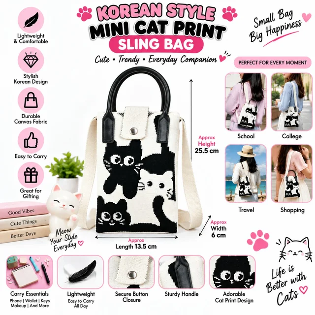 Korean Style Mini Cat Print Sling Bag ( RANDOM COLOURS & DESIGNS )for Women & Girls, Cute Canvas Crossbody Shoulder Bag with Handle, Lightweight Small Bag for School, College, Travel, Shopping & Everyday Use