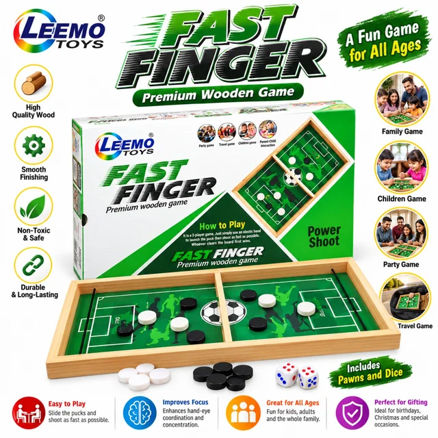 LEEMO TOYS Fast Finger Premium Wooden Tabletop Game | Fast-Paced Soccer Puck Game with Pucks & Dice | Family, Kids & Party Game | Indoor Strategy & Hand-Eye Coordination Game