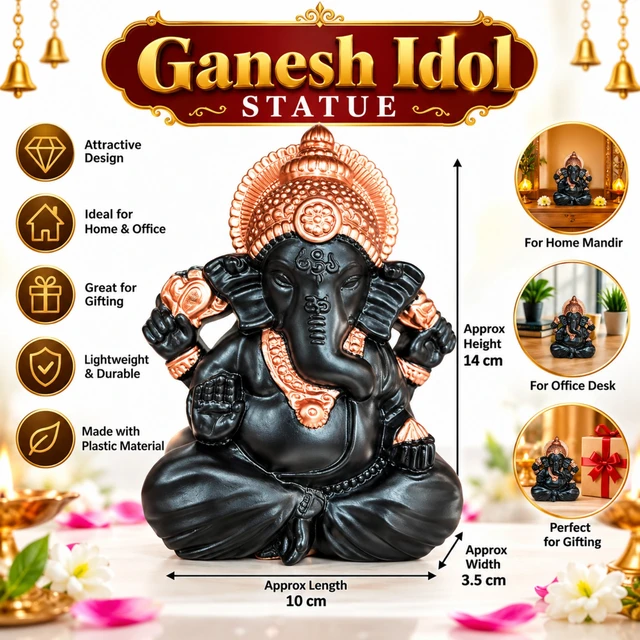 Ganesh Idol Statue for Home, Office & Mandir | Decorative Lord Ganesha Murti for Puja, Desk Décor & Gifting | Lightweight Plastic Material | Approx. 14 cm Height
