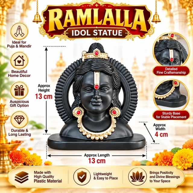 Ramlalla Idol Statue for Home Temple & Puja | Beautiful Decorative Ram Lalla Murti | High-Quality Plastic Material | Lightweight Home Décor & Devotional Gift | Approx. 13 × 13 × 4 cm