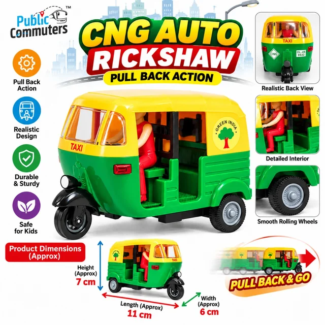 CNG Auto Rickshaw Pull Back Toy for Kids, Realistic Green & Yellow Three-Wheeler Model with Detailed Interior and Smooth Rolling Wheels