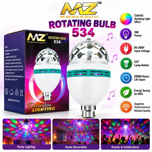 MZ 534 Rotating Bulb 3W with Colorful Rotating Light Effect, E27 Lamp Holder, 85–260V Input, Decorative Disco Party Light for Home, Events & Celebrations