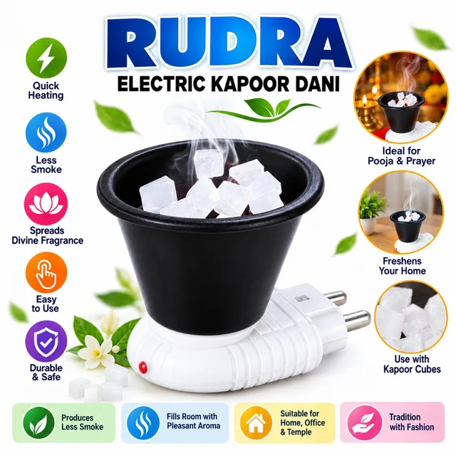 Rudra Electric Kapoor Dani – Quick Heating Electric Camphor Burner for Pooja, Prayer, Home, Office & Temple Use | Less Smoke, Easy to Use Aroma Diffuser