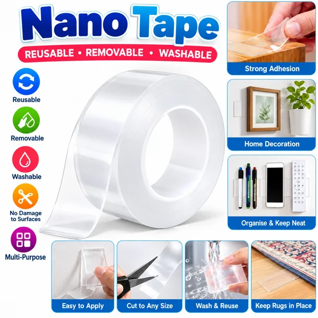 Nano Tape Reusable Double-Sided Adhesive Tape – Strong Adhesion, Washable & Removable, Cut-to-Size Multi-Purpose Mounting Tape for Home, Office, Organization