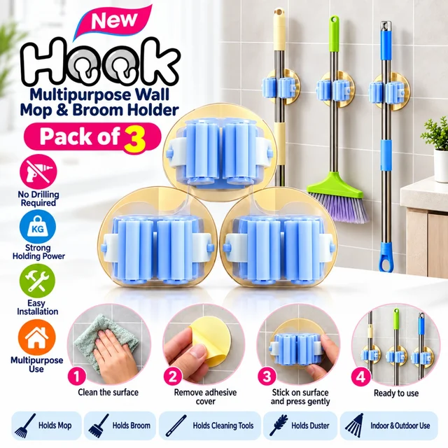 Multipurpose Wall Mounted Mop & Broom Holder, Pack of 3 | Self-Adhesive No-Drill Cleaning Tool Organizer | Strong Grip Wall Hooks for Mop, Broom, Duster & Cleaning Tools | Indoor & Outdoor Us