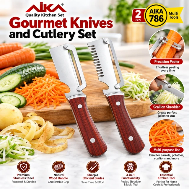 AIKA 786 Gourmet Kitchen Peeler & Scallion Shredder Set, 2-Piece Stainless Steel Vegetable Peeler & Shredder with Comfortable Wood-Style Handles, Multi-Purpose Kitchen Tools for Carrot, Potato & Vegetables
