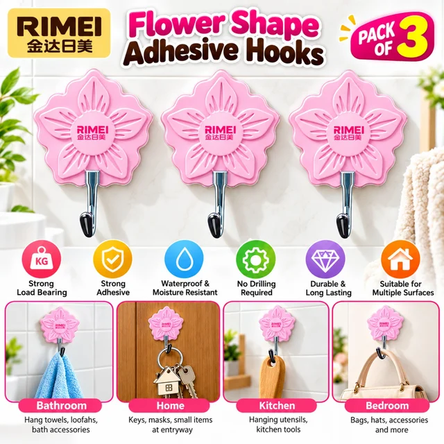 RIMEI Flower Shape Adhesive Wall Hooks ( Random colours ) Pack of 3, Strong Self-Adhesive Hooks for Bathroom, Kitchen, Bedroom & Home, No Drilling Wall Hanging Hooks for Towels, Keys, Bags, Utensils & Accessories