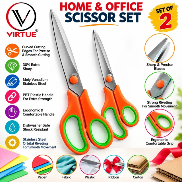 VIRTUE Home & Office Scissor Set of 2 | Sharp & Precise Blades | Moly Vanadium Stainless Steel | Ergonomic PBT Handles | Multipurpose Scissors for Paper, Fabric, Plastic, Ribbon & Carton