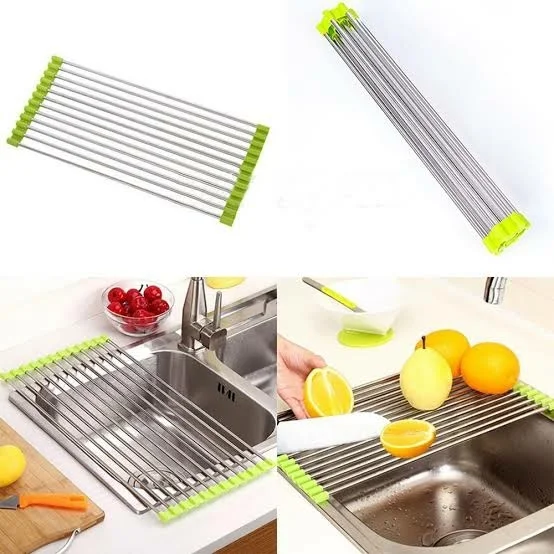 12 Pipe - Stainless Steel Sink Folding Rack Fruit Vegetable Drying Drain Rack Dish Drying Rack, Stainless Steel Roll-Up Over Sink Rack Kitchen Foldable Drying Drainer - 24cm X 40cm - Random Color