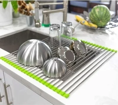 12 Pipe - Stainless Steel Sink Folding Rack Fruit Vegetable Drying Drain Rack Dish Drying Rack, Stainless Steel Roll-Up Over Sink Rack Kitchen Foldable Drying Drainer - 24cm X 40cm - Random Color