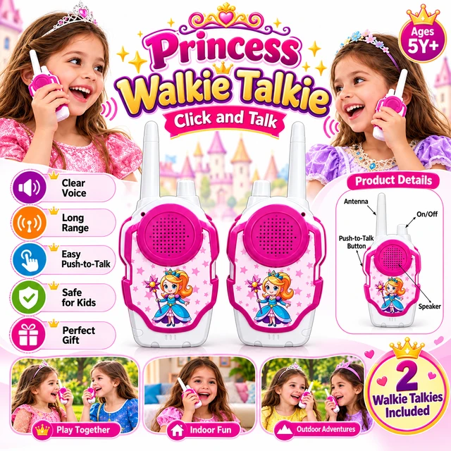 Princess Walkie Talkies for Kids, 2-Way Communication Toy with Push-to-Talk Button, Clear Voice Speaker & Antenna, Indoor & Outdoor Play Toy, Gift for Girls Age 5+