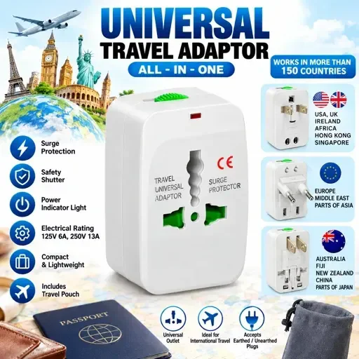 Universal Travel Adapter with Surge Protection, Safety Shutter & Power Indicator | All-in-One International Plug Adapter for USA, UK, Europe, Australia & More | Includes Travel Pouch