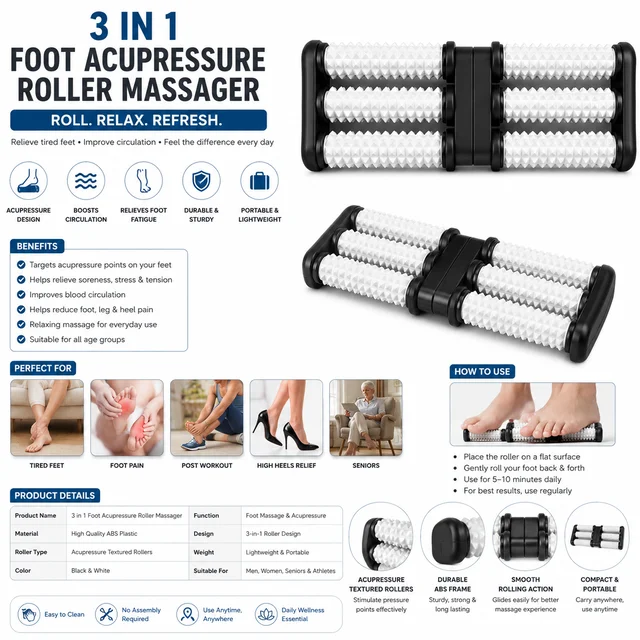 3 in 1 Foot Acupressure Roller Massager for Men & Women, Textured Foot Massage Roller for Relaxation, Tired Feet & Daily Wellness, Compact Home Foot Massager