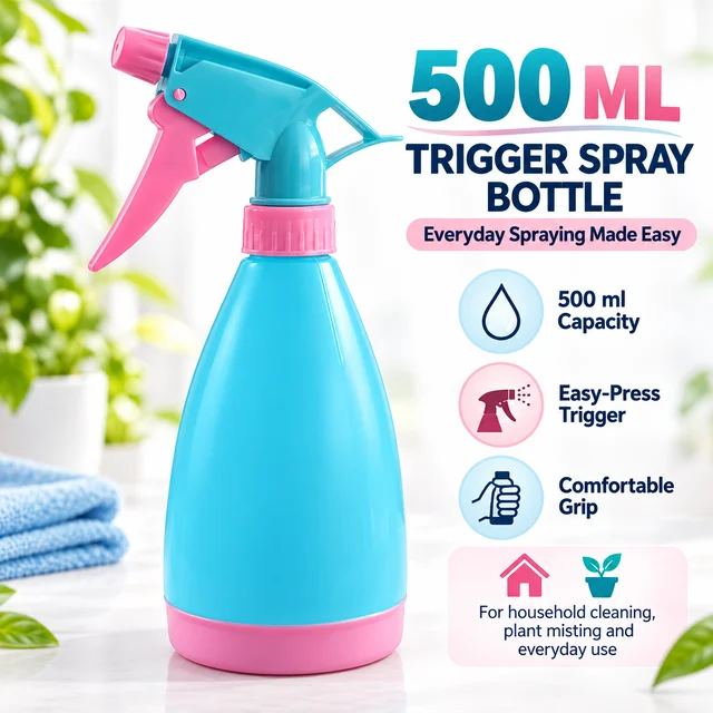 500 ml Trigger Spray Bottle, Turquoise Blue and Pink Plastic Spray Bottle with Easy-Press Trigger, Refillable Multipurpose Sprayer for Household Cleaning, Plant Misting and Everyday Use