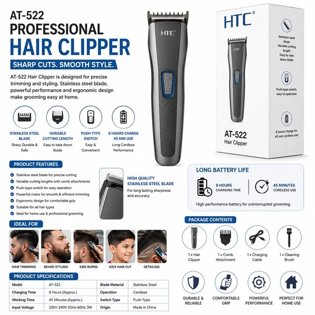 HTC AT-522 Professional Rechargeable Hair Clipper for Men – Stainless Steel Blade, Adjustable Cutting Length, Cordless Hair Trimmer with Comb Attachment