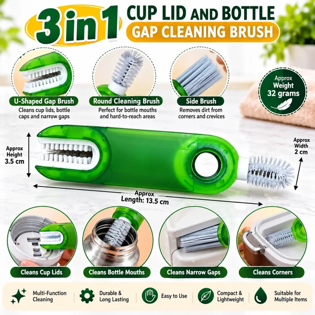 3-in-1 Multi-Function Cleaning Brush for Cup Lids, Bottle Mouths, Narrow Gaps & Corners – Compact, Lightweight and Easy-to-Use Cleaning Tool