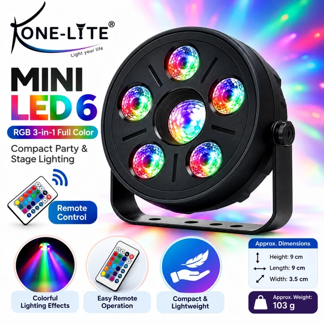 KONE-LYTE Mini LED 6 RGB Party Light with Remote Control, Multicolour LED Stage Light for Birthday Parties, Home Celebrations, Dance Rooms and Festive Decorations