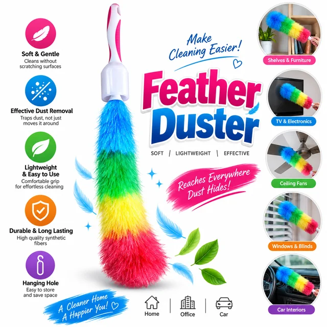 Feather Duster for Home & Office, Soft Microfiber Dusting Brush with Lightweight Handle, Scratch-Free Dust Remover for Furniture, Shelves, TV, Electronics, Ceiling Fans, Windows, Blinds & Car Interiors