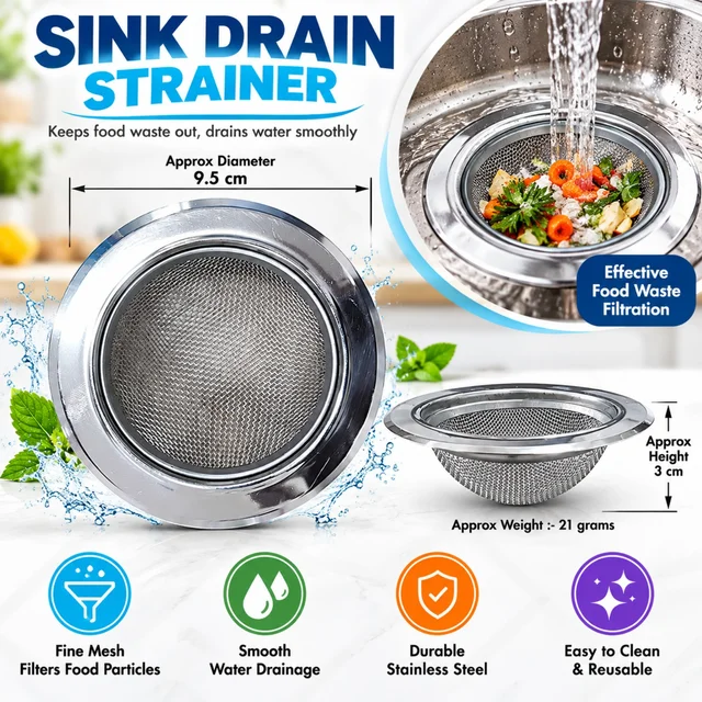 Stainless Steel Kitchen Sink Drain Strainer, Fine Mesh Food Waste Filter Basket, Reusable Sink Drain Catcher for Kitchen Sinks, Smooth Water Drainage, Easy to Clean, Approx. 9.5 cm Diameter