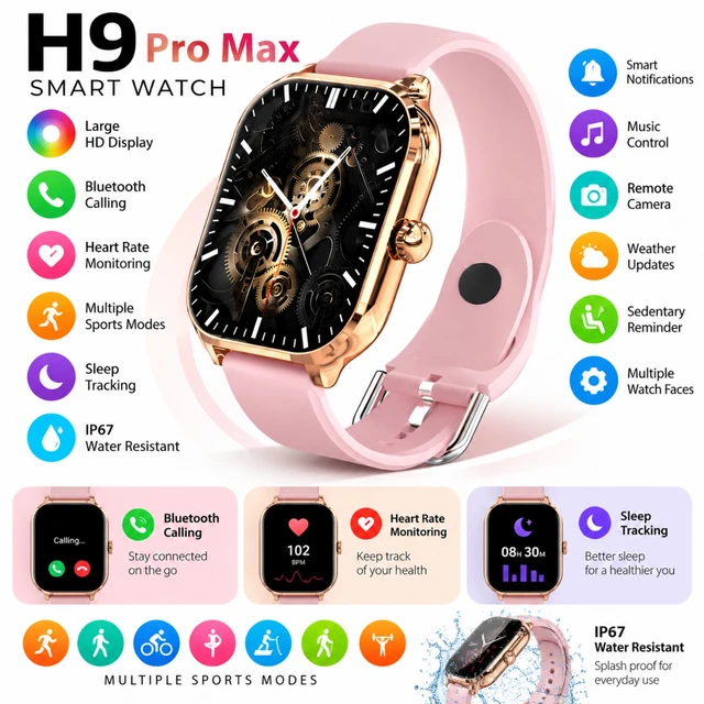 H9 Pro Max Smart Watch with Large HD Display, Bluetooth Calling, Heart Rate Monitoring, Sleep Tracking, Multiple Sports Modes & Smart Notifications