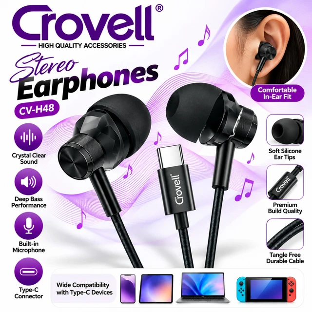 Crovell CV-H48 Stereo Type-C Wired Earphones with Built-in Microphone, Deep Bass, Crystal Clear Sound, Soft Silicone Ear Tips, Durable Tangle-Free Cable & USB Type-C Connector for Compatible Smartphones, Tablets, Laptops & Gaming Devices