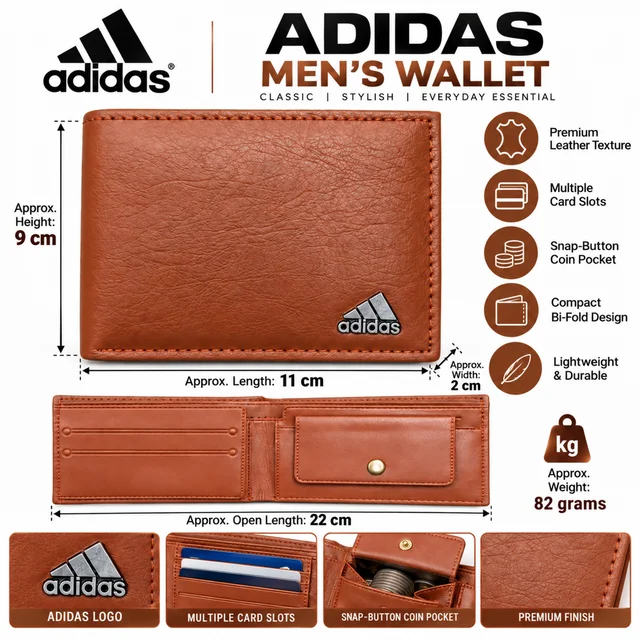 Adidas Men's Brown Bi-Fold Wallet with Multiple Card Slots, Snap-Button Coin Pocket, Compact Design for Everyday Use