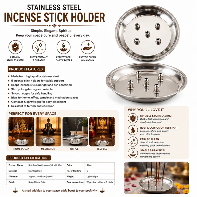 Stainless Steel Incense Stick Holder / Agarbatti Stand with 5 Stick Holders for Pooja, Meditation, Home, Office & Temple