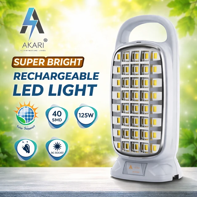 AKARI Plus AK-5059 S Rechargeable LED Emergency Light | 40 Big SMD LEDs | 125W Equivalent Brightness | Solar Support | DC Charging | Portable Lantern