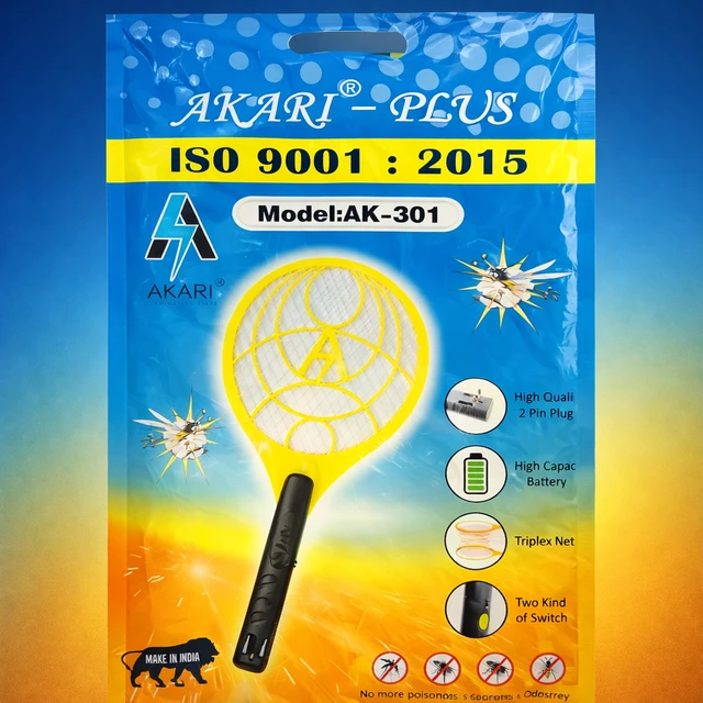 AKARI® Plus Electric Mosquito Racket Bat AK-301 | Rechargeable Bug Zapper | High Power Triplex Net | 2-Pin Charging Plug | Indoor & Outdoor Use | Random Color