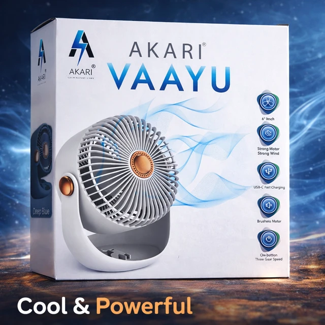 AKARI Vaayu Rechargeable Mini Desk Fan | 6-Inch Portable USB Fan | 3 Speed Modes | Strong Wind | 360° Rotation | Brushless Motor | Fast USB-C Charging | Home, Office & Travel Use