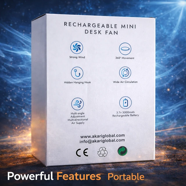AKARI Vaayu Rechargeable Mini Desk Fan | 6-Inch Portable USB Fan | 3 Speed Modes | Strong Wind | 360° Rotation | Brushless Motor | Fast USB-C Charging | Home, Office & Travel Use