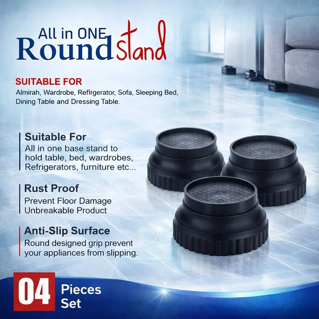 All in One Round Stand Furniture Raiser Pads (Set of 4) | Heavy Duty 300kg Capacity | Anti-Slip, Rust Proof Base Stands for Bed, Sofa, Refrigerator, Wardrobe & Table