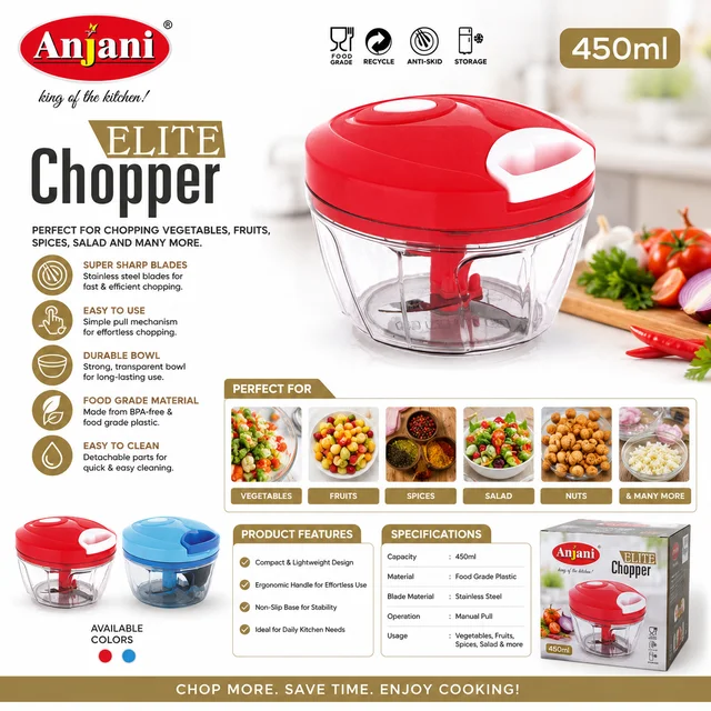 Anjani Elite Manual Pull Chopper 450ml Food Grade Plastic Vegetable & Fruit Chopper Stainless Steel 3-Blade Hand Chopper Multipurpose Kitchen Cutter for Onion, Garlic, Chilli, Herbs, Nuts & Salad BPA-Free