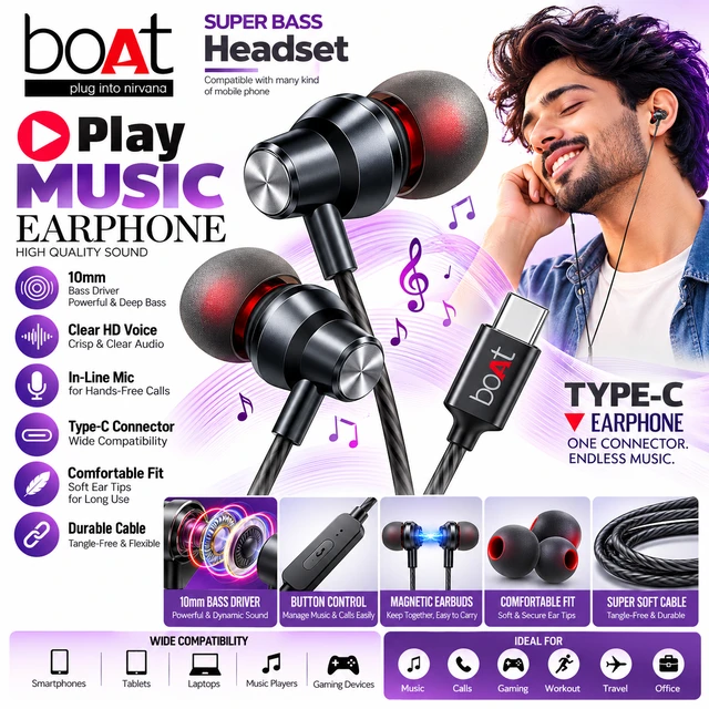 boAt Super Bass Type-C Earphones with High Quality Stereo Sound, In-Line Mic, Button Control, 1.2 m Cable & Comfortable In-Ear Design